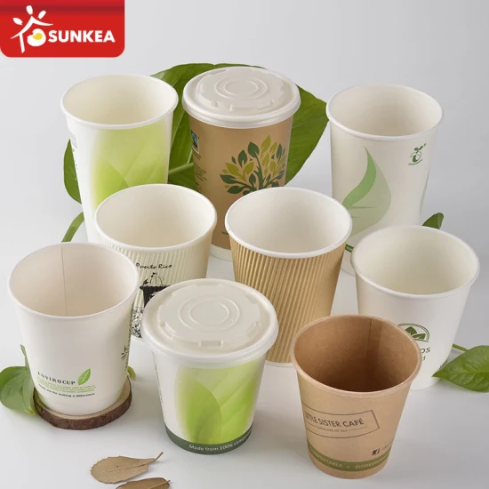 Bicchiere di carta per caffè con stampa personalizzata biodegradabile usa e getta da asporto Sunkea